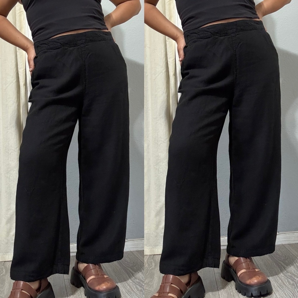 Black Linen Blend Pants Size 10 Wide Leg Pull On Trousers Womens Relaxed Boho